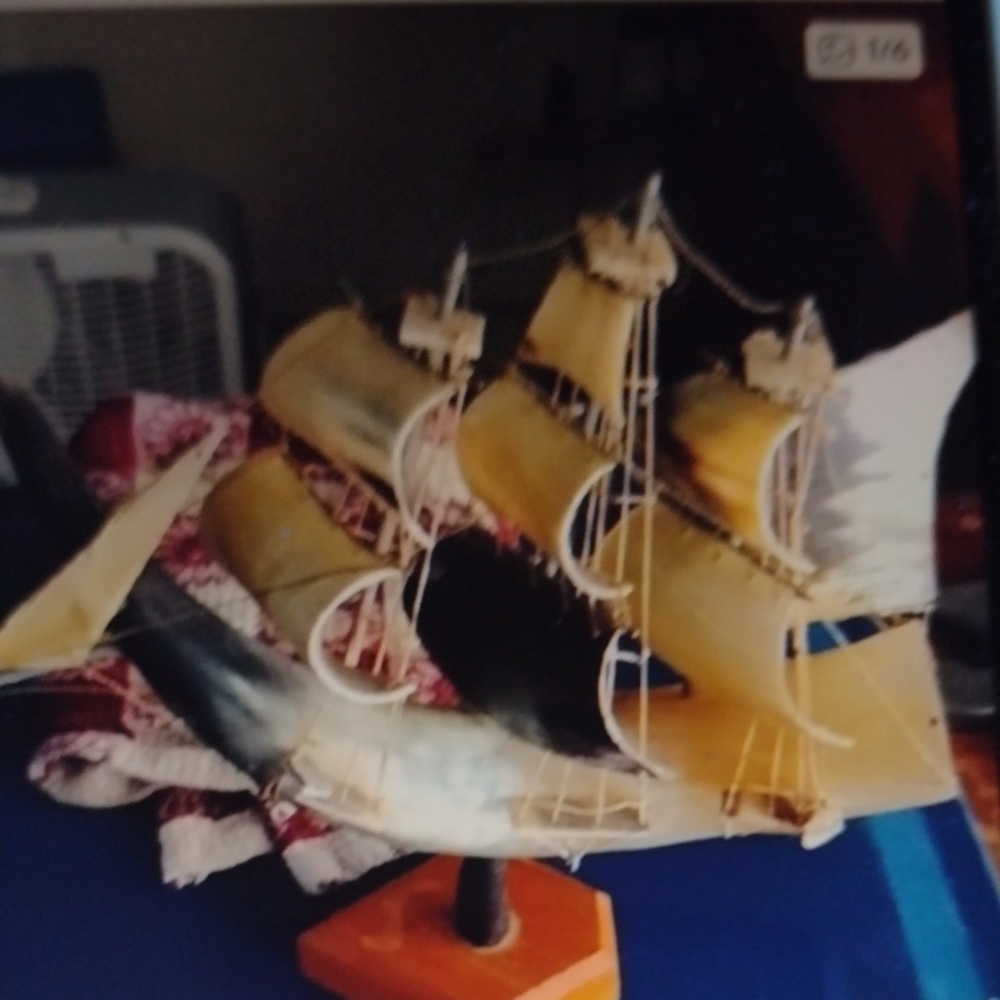 Handcrafted Bullhorns Ship with Sails (Artist Signed on Solid Wood Base